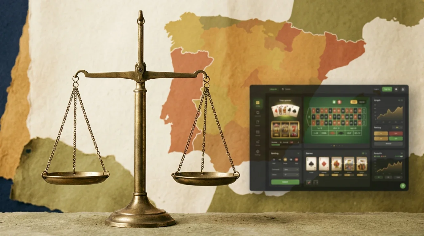 Composición editorial sobre casinos sin licencia DGOJ en el mercado español con balanza jurídica, mapa de España y pantalla de operador online
