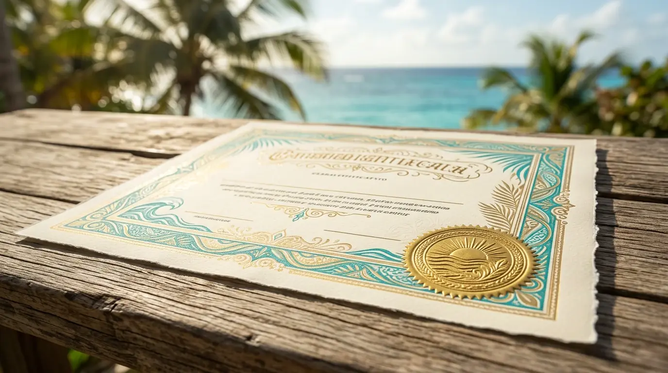 Documento estilizado con sello renovado sobre fondo de palmeras y mar caribeño difuminado