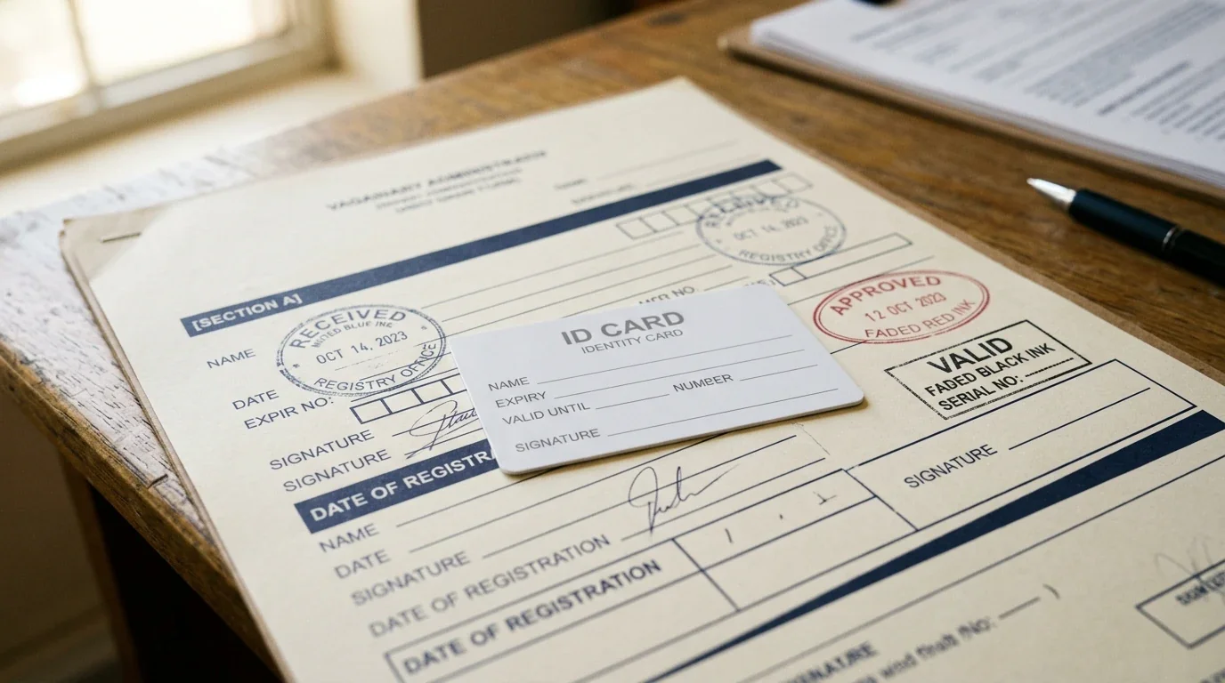 Tarjeta de identidad sobre formulario administrativo evocando inscripción en el registro de autoexclusión