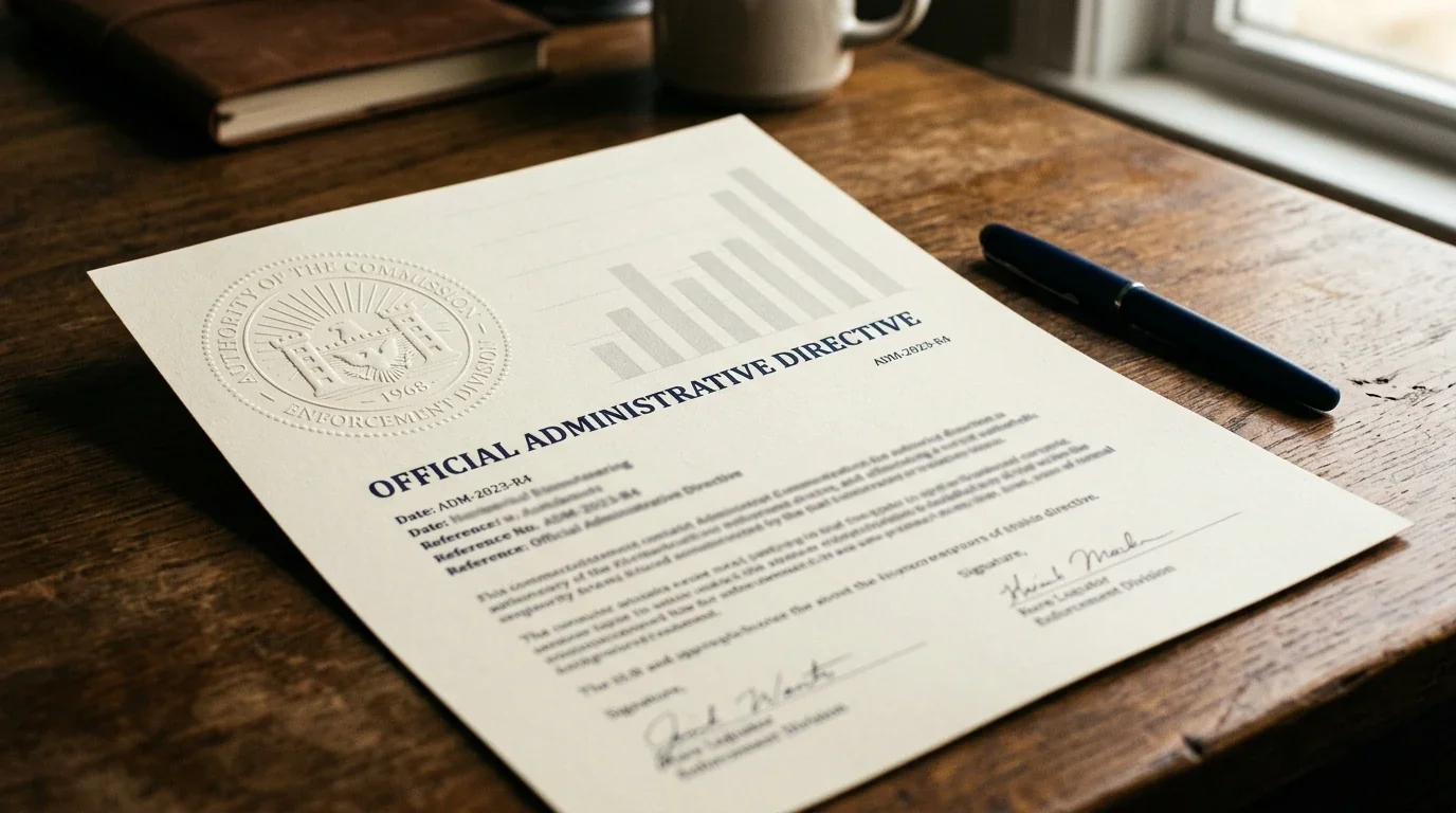 Documento administrativo con sello oficial y gráfico de barras representando sanciones
