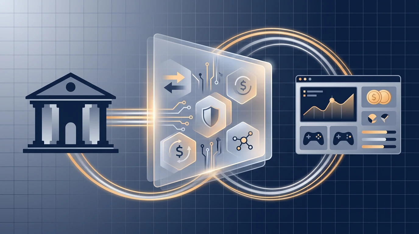 Concepto visual de monederos electrónicos como capa intermedia de pago