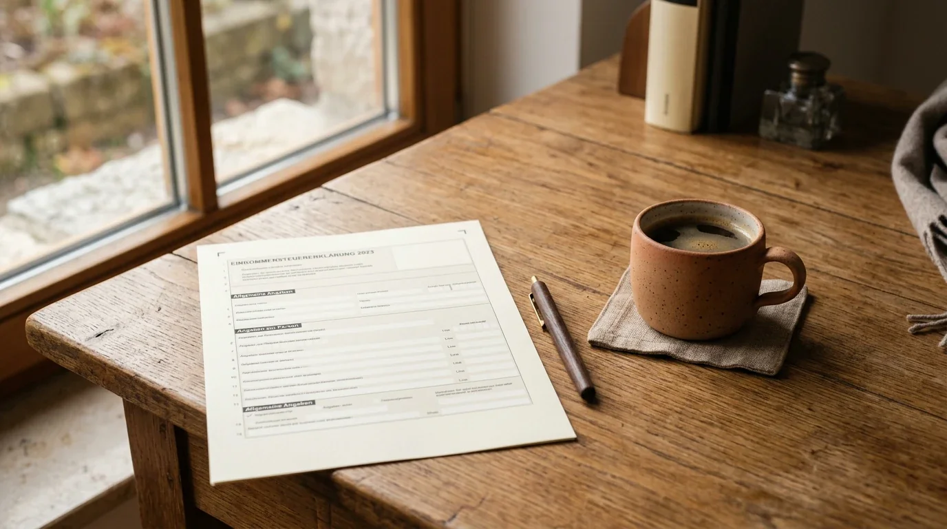 Formulario fiscal en blanco con calculadora junto a taza de café, escritorio sobrio