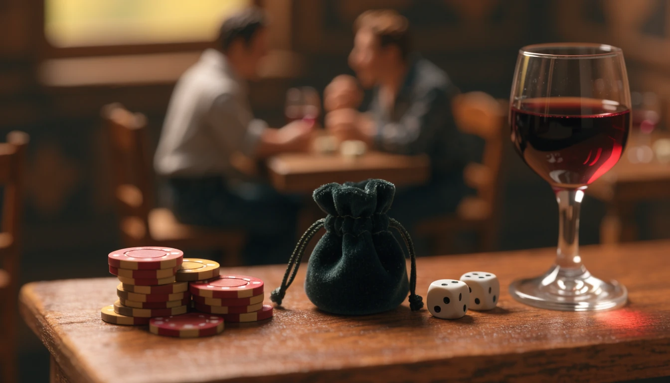 Mesa de madera con fichas de casino, dados y vino español bajo luz cálida.