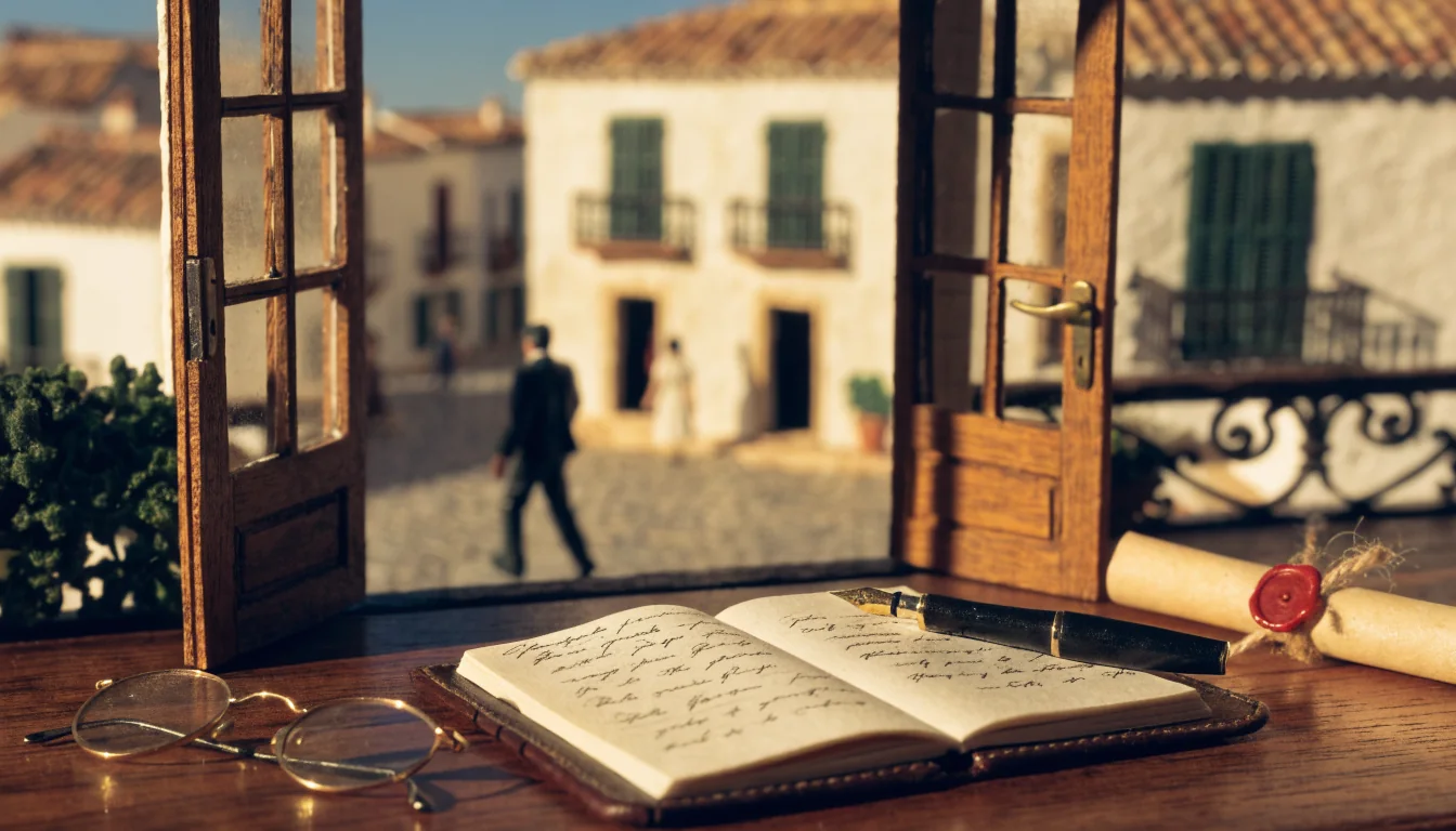 Escritorio con cuaderno abierto, pluma estilográfica y sello de cera, ventana a plaza española iluminada por sol de tarde.