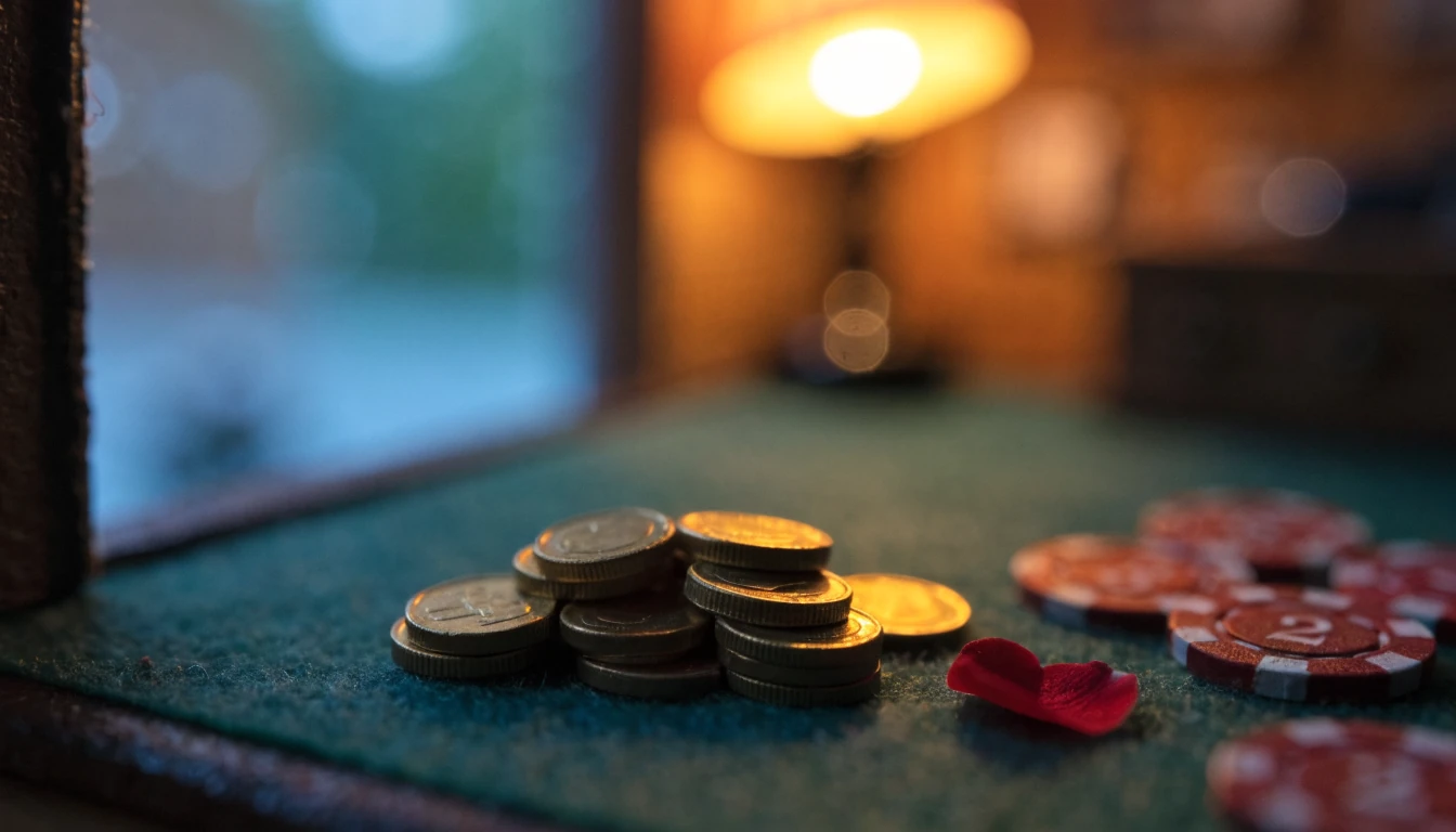 Monedas de euro y fichas de casino sobre fieltro verde