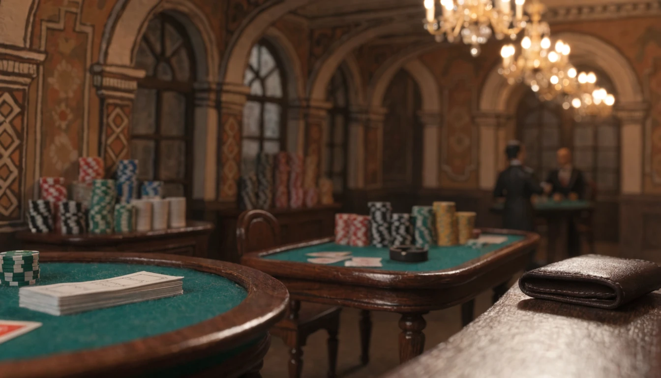 Recepción de casino español iluminada con fichas y billetera sobre el mostrador