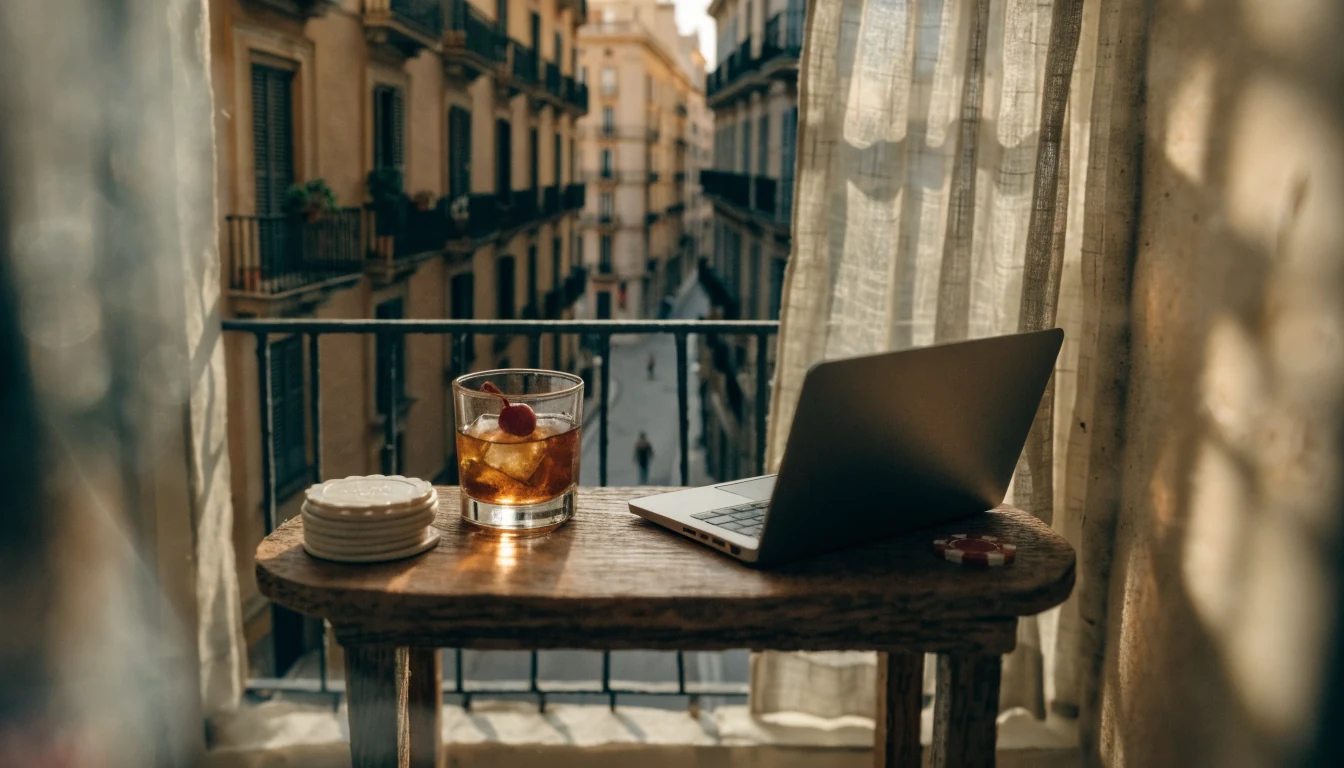 Portátil abierto en una mesa junto a un balcón soleado de Barcelona, con una ficha de casino al lado.