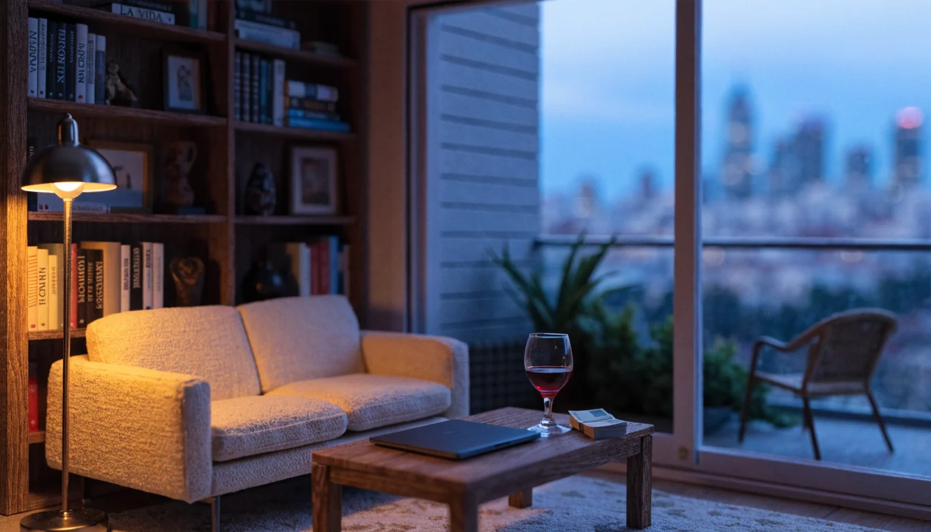 Salón moderno en Madrid al atardecer con portátil cerrado, copa de vino y skyline urbano al fondo.