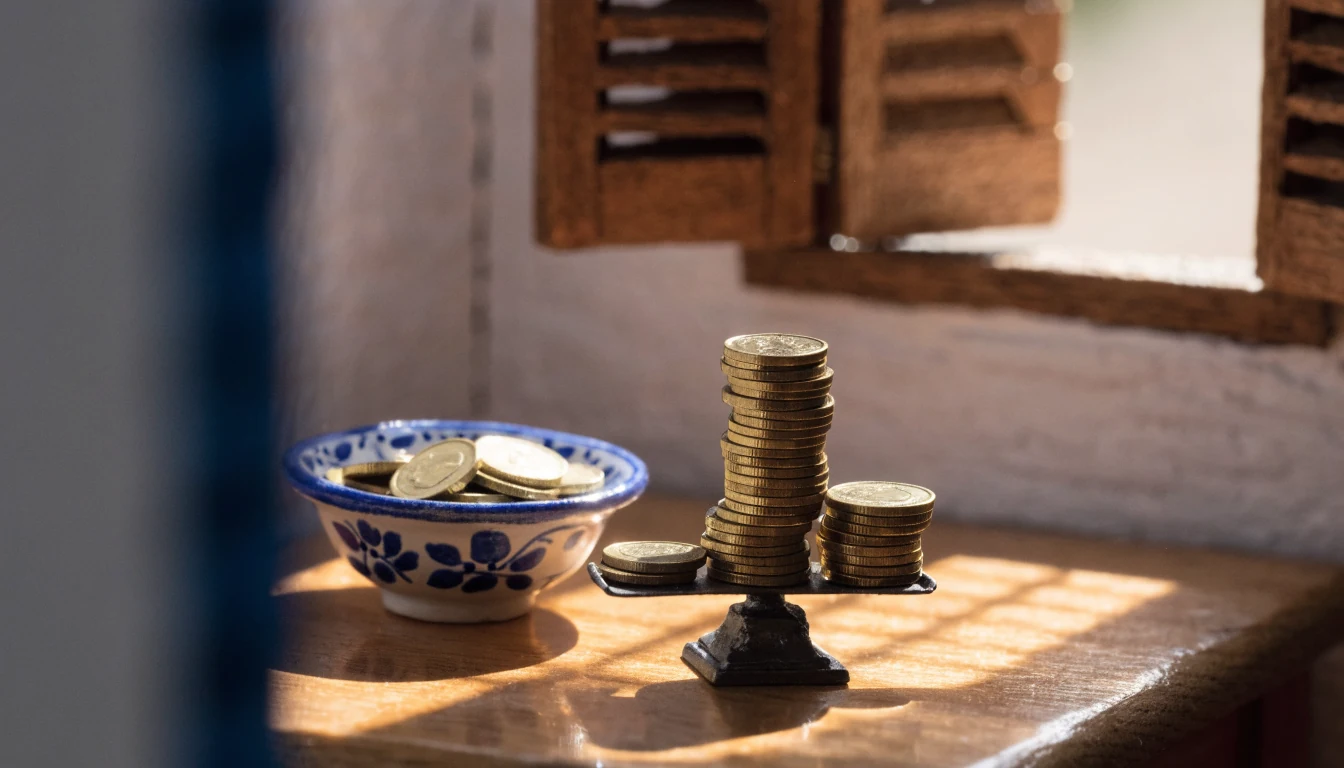 Monedas de oro en una balanza sobre mesa española, luz cálida de tarde