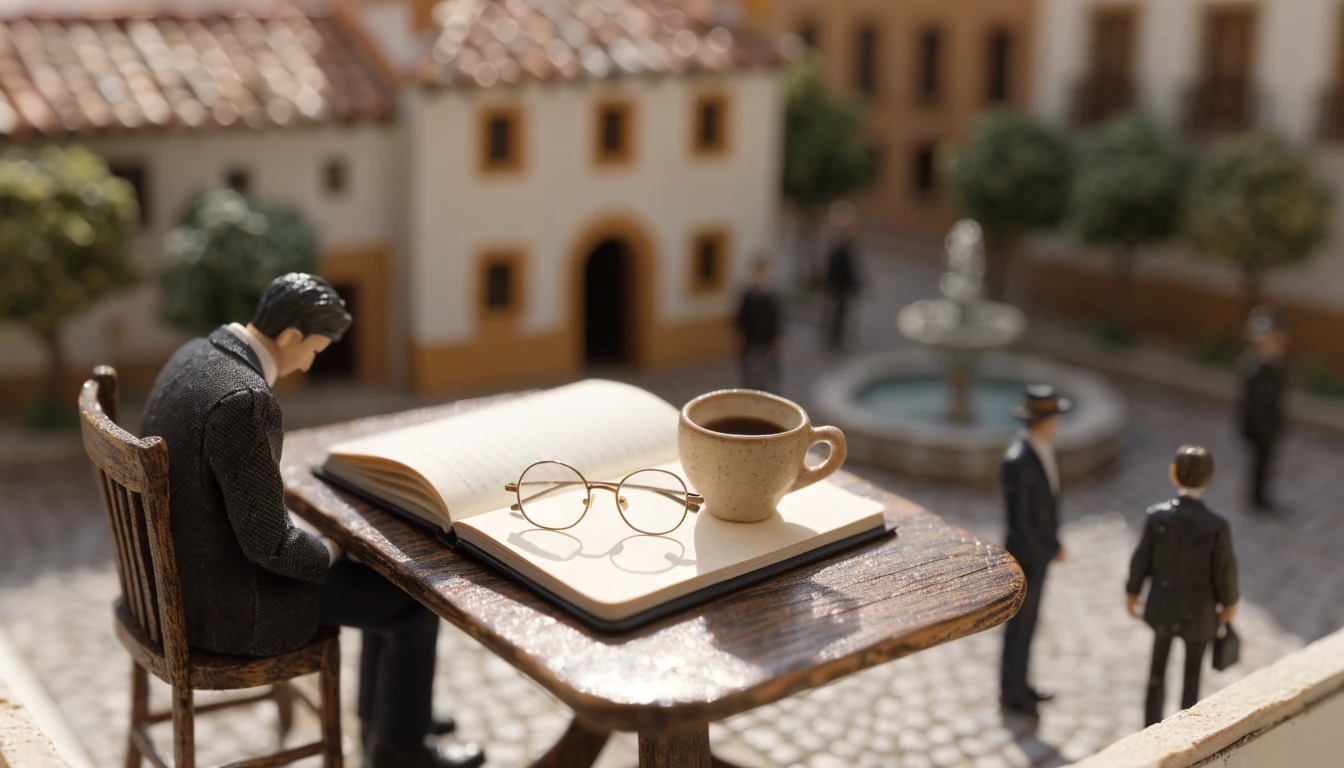 Cuaderno abierto sobre mesa de cafetería en plaza española soleada con fuente al fondo.