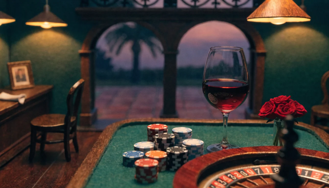 Elegante salón de casino español con mesa de cartas, fichas, ruleta y luz cálida.