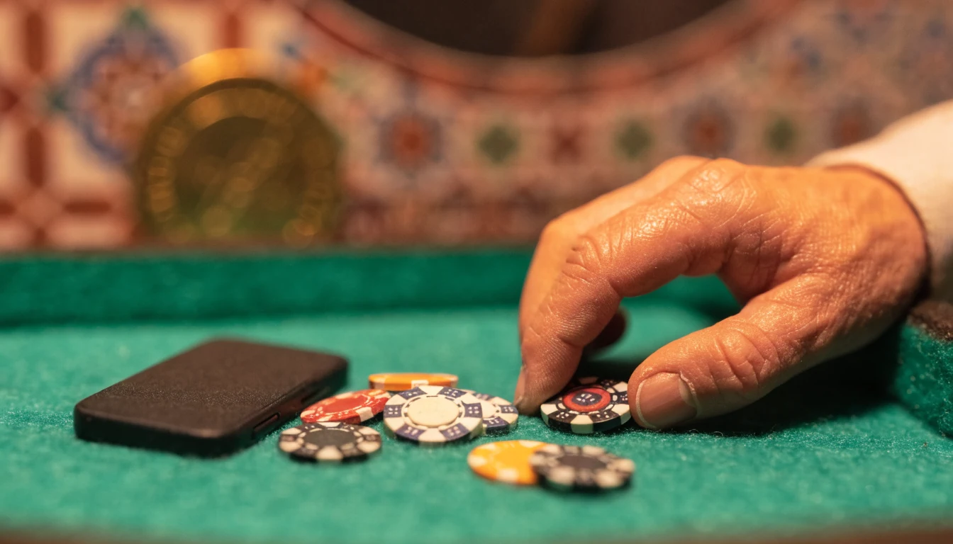 Mano con fichas de casino junto a un smartphone sobre tapete verde en España.