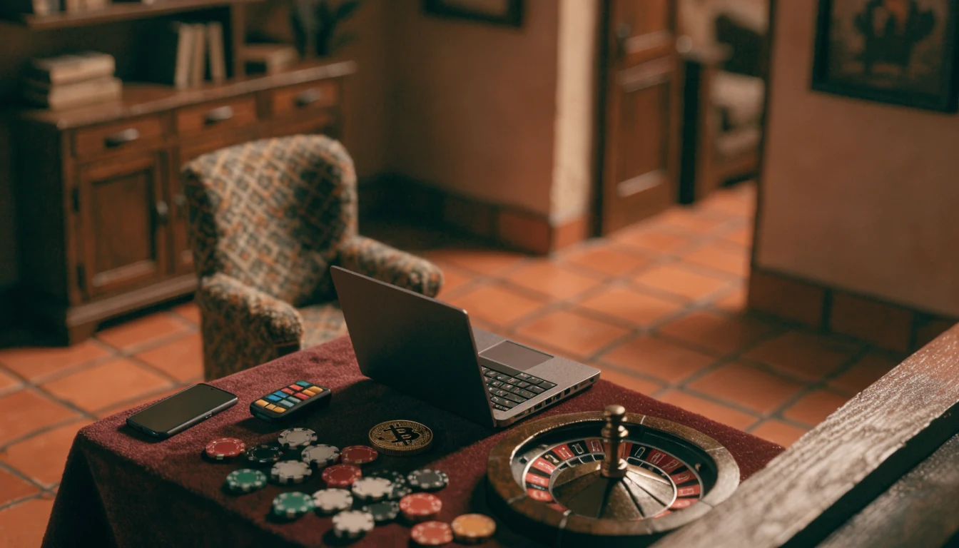 Mesa de casino con fichas, ruleta y monedero de criptomonedas junto a una laptop