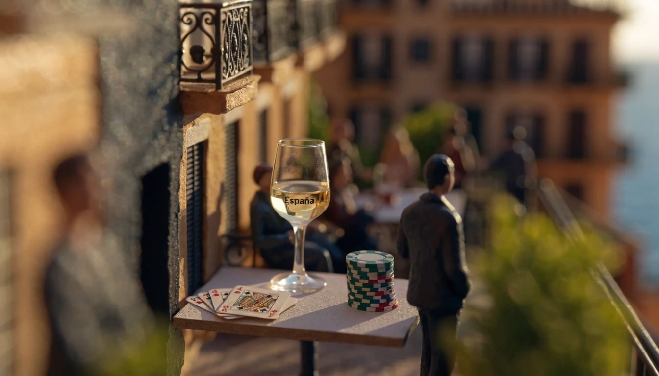 Mesa en terraza española al atardecer con cartas, fichas de casino y copa de vino