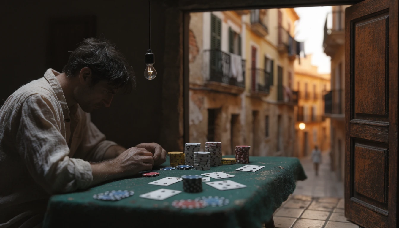 Mesa de cartas con fichas en una sala trasera de un pueblo costero español al anochecer.
