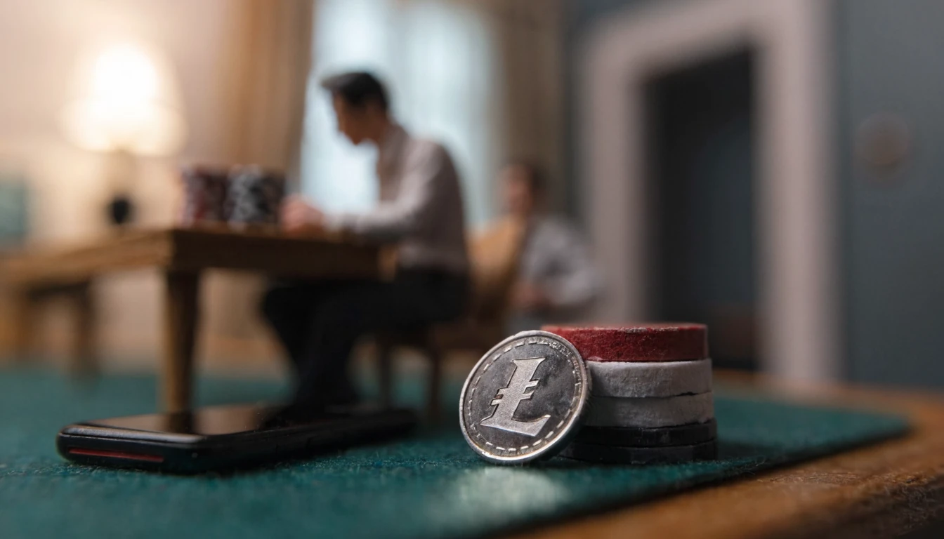 Moneda Litecoin junto a fichas de casino y un smartphone sobre mesa de madera