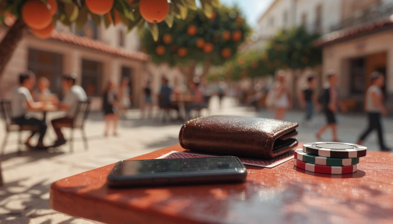 Móvil sobre mesa de terraza española junto a fichas de casino y una carta