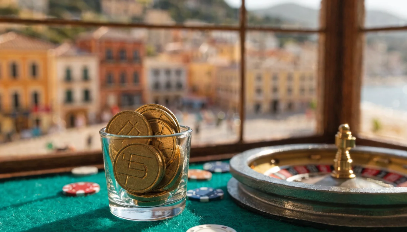 Fichas doradas y ruleta junto a ventana con vista mediterránea española