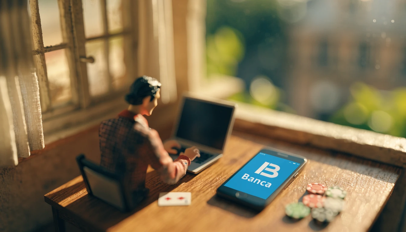 Jugador español en escritorio con portátil, móvil con app bancaria y fichas de casino junto a una carta.