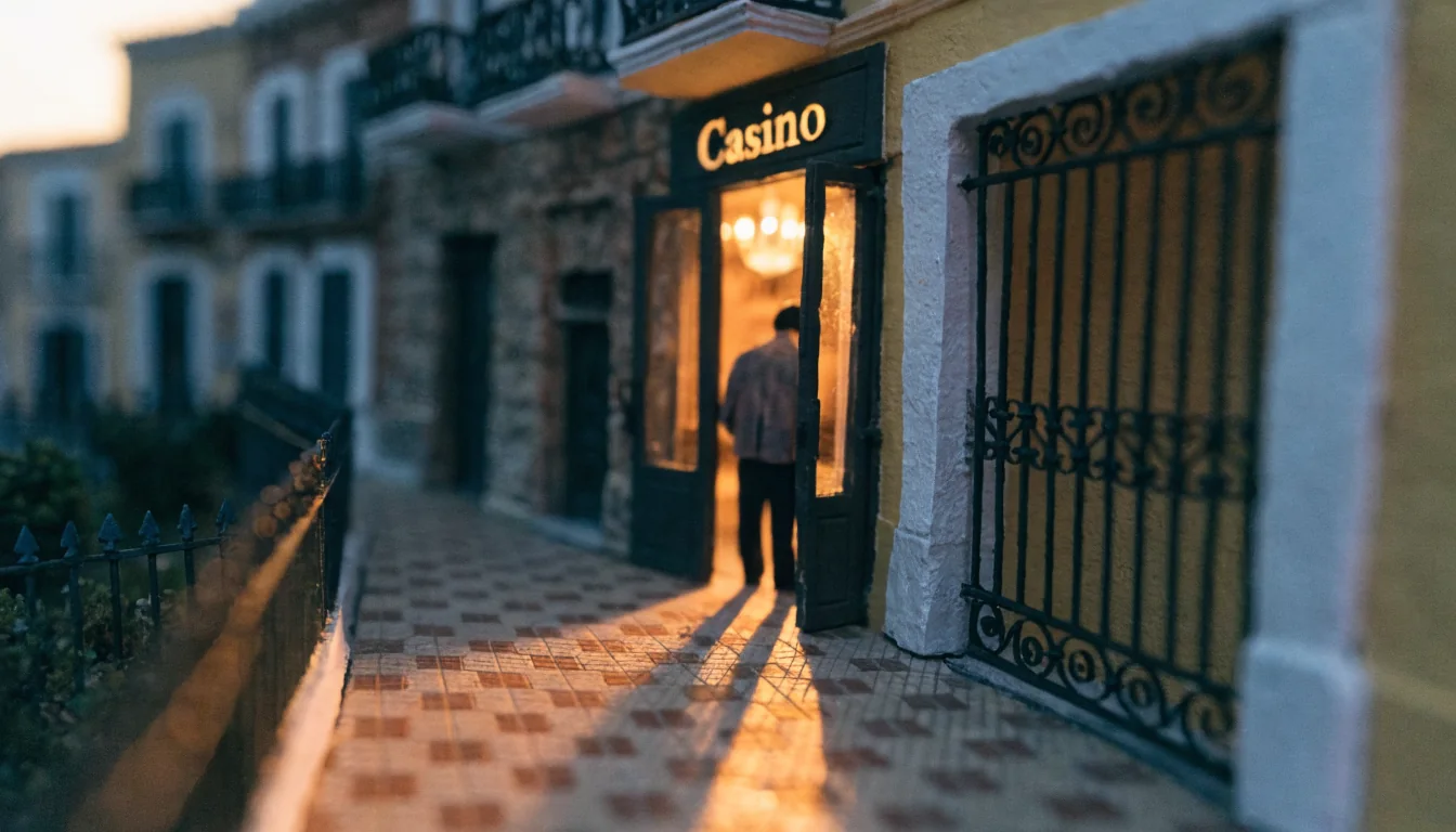 Entrada iluminada de un casino en una calle española al atardecer, con una persona deteniéndose en el umbral.