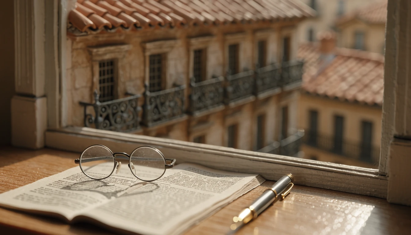 Documento legal abierto sobre escritorio de madera con gafas de lectura y luz cálida