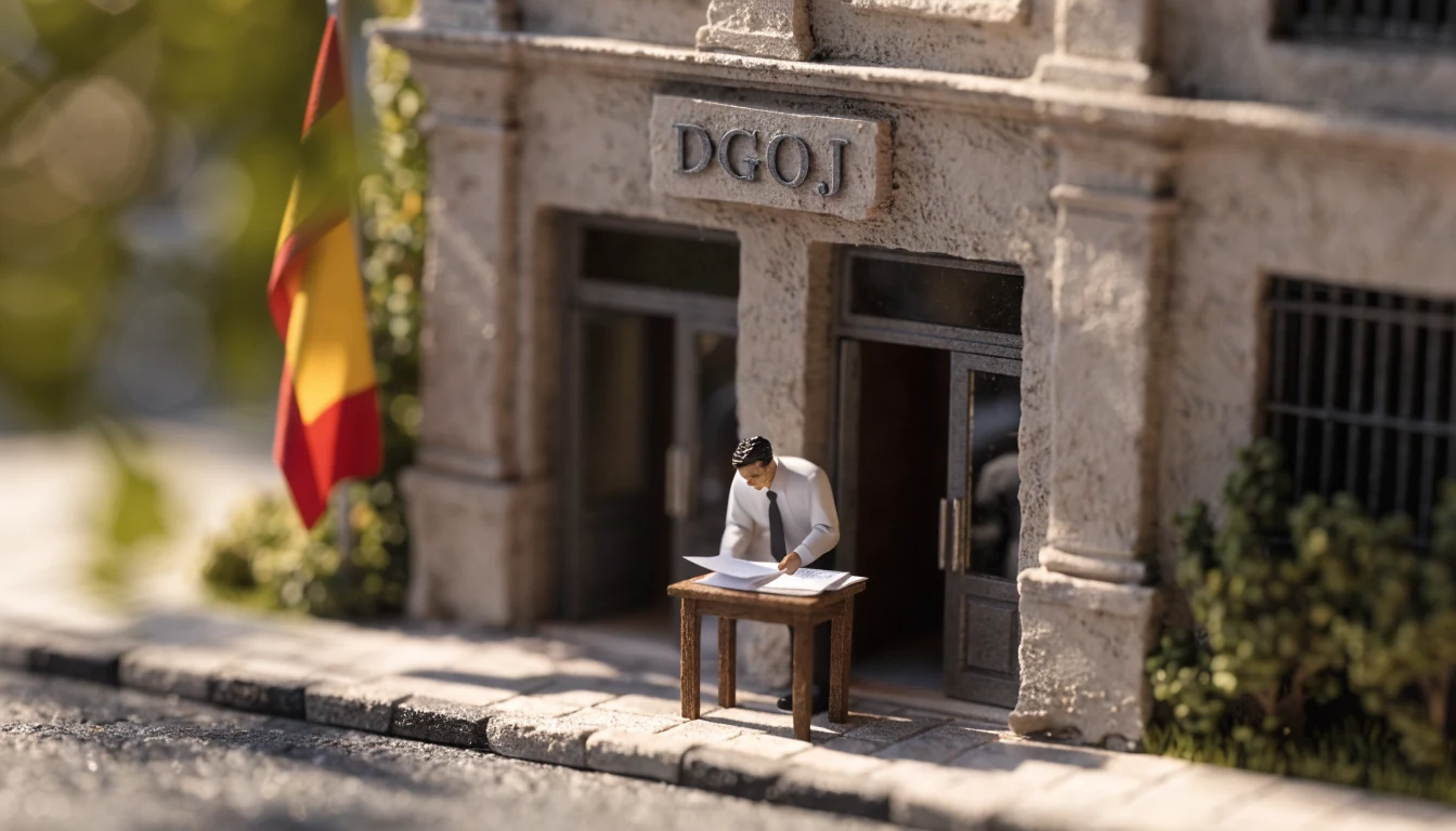 Fachada de edificio institucional español con placa oficial y bandera nacional