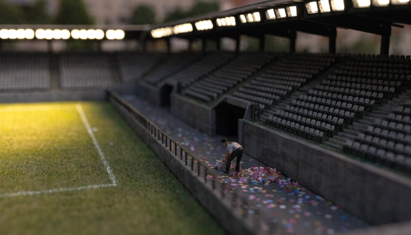 Estadio de fútbol vacío sin publicidad visible bajo reflectores