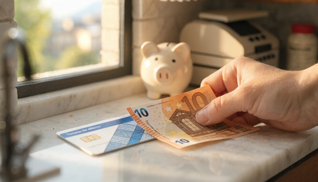 Mano depositando dinero junto a tarjeta bancaria sobre encimera