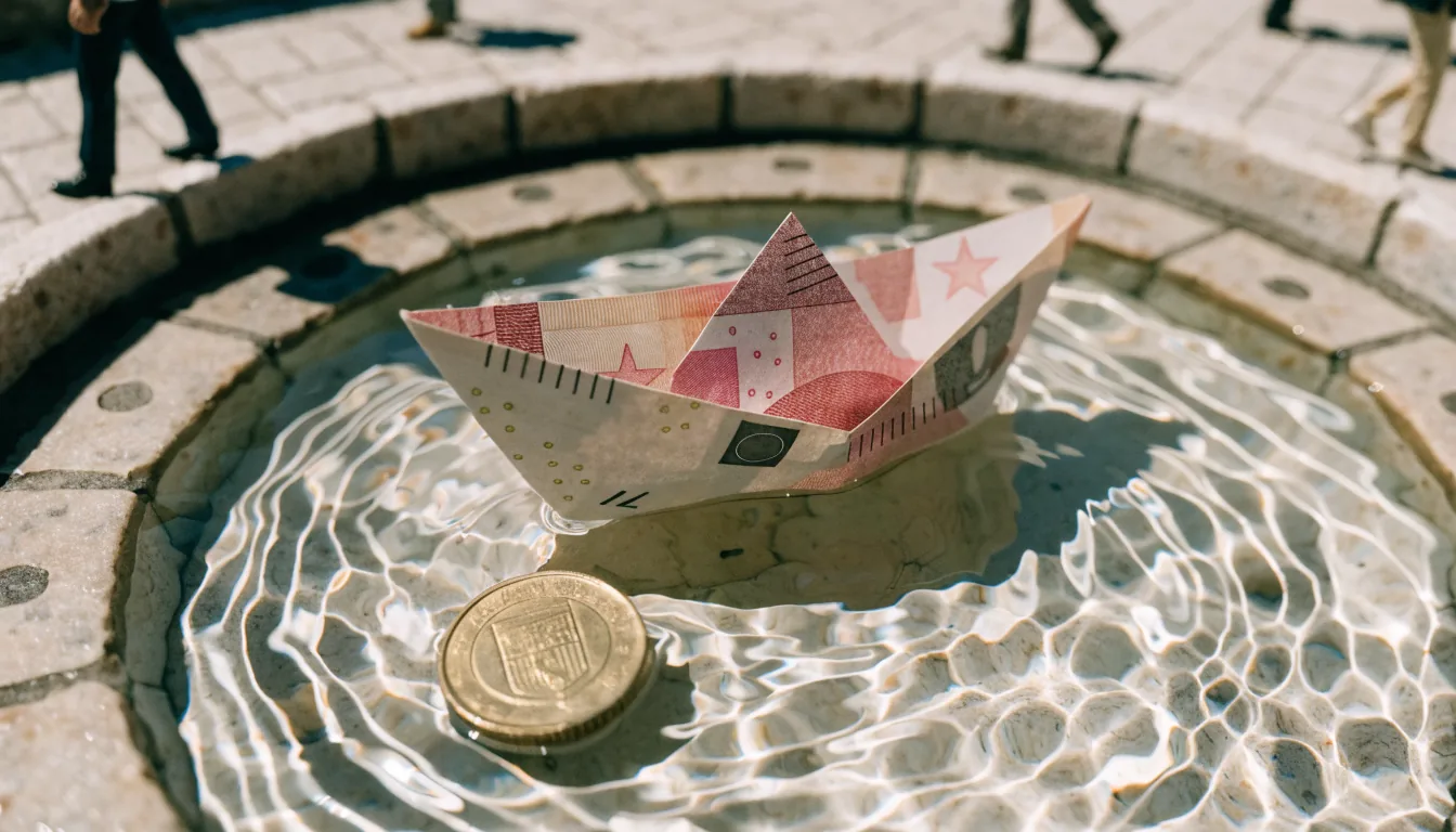 Barco de papel con euro flotando en fuente junto a moneda extranjera