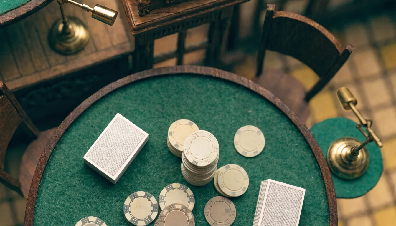 Mesa de casino verde con fichas y barajas cerradas bajo lámpara