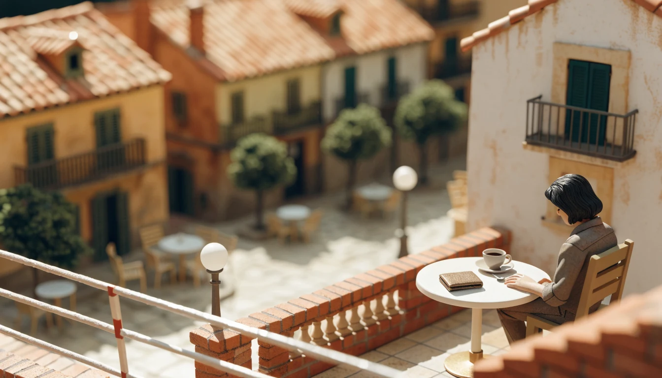 Persona reflexionando en una terraza española soleada junto a una taza de café