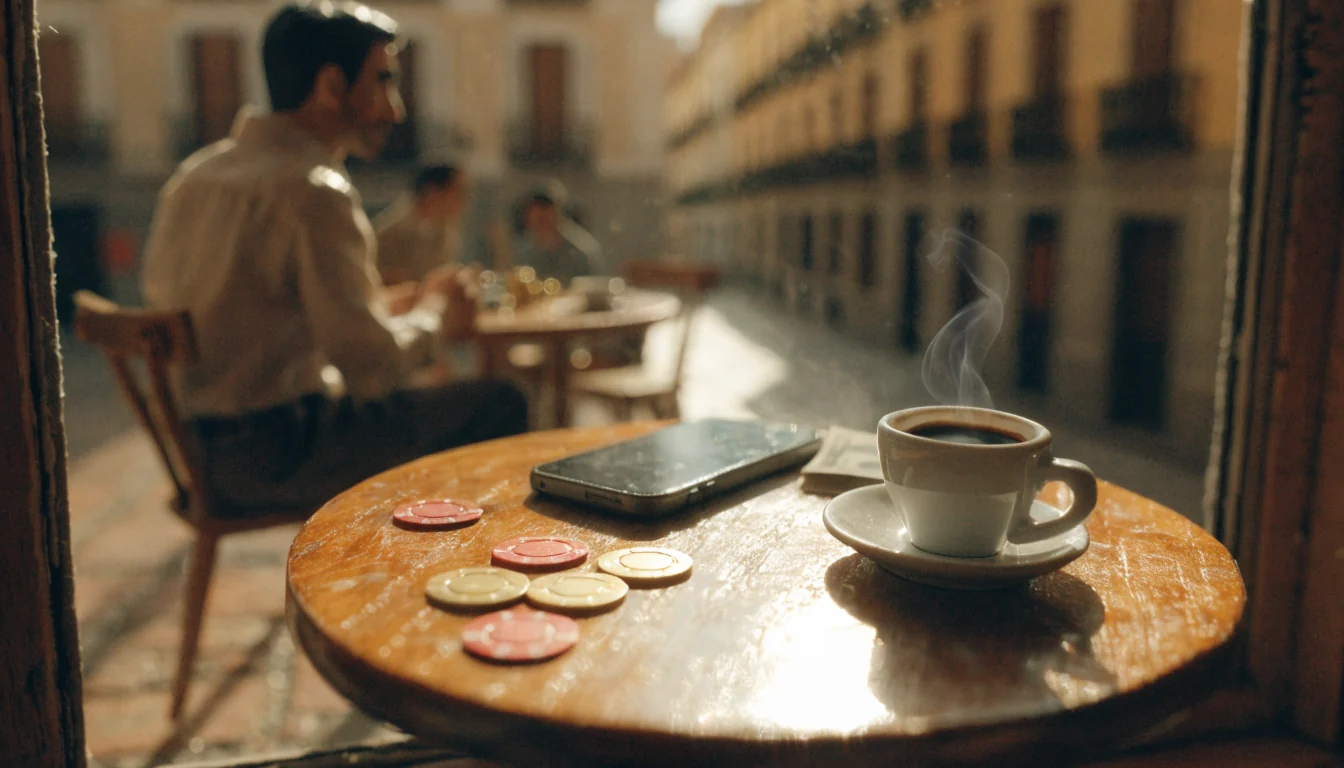 Móvil sobre mesa de madera en un café de Madrid, con fichas de casino y euros cerca