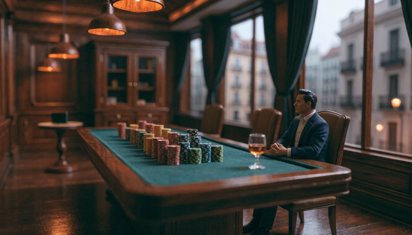 Salón VIP de casino en Madrid con mesa de fieltro verde y fichas apiladas