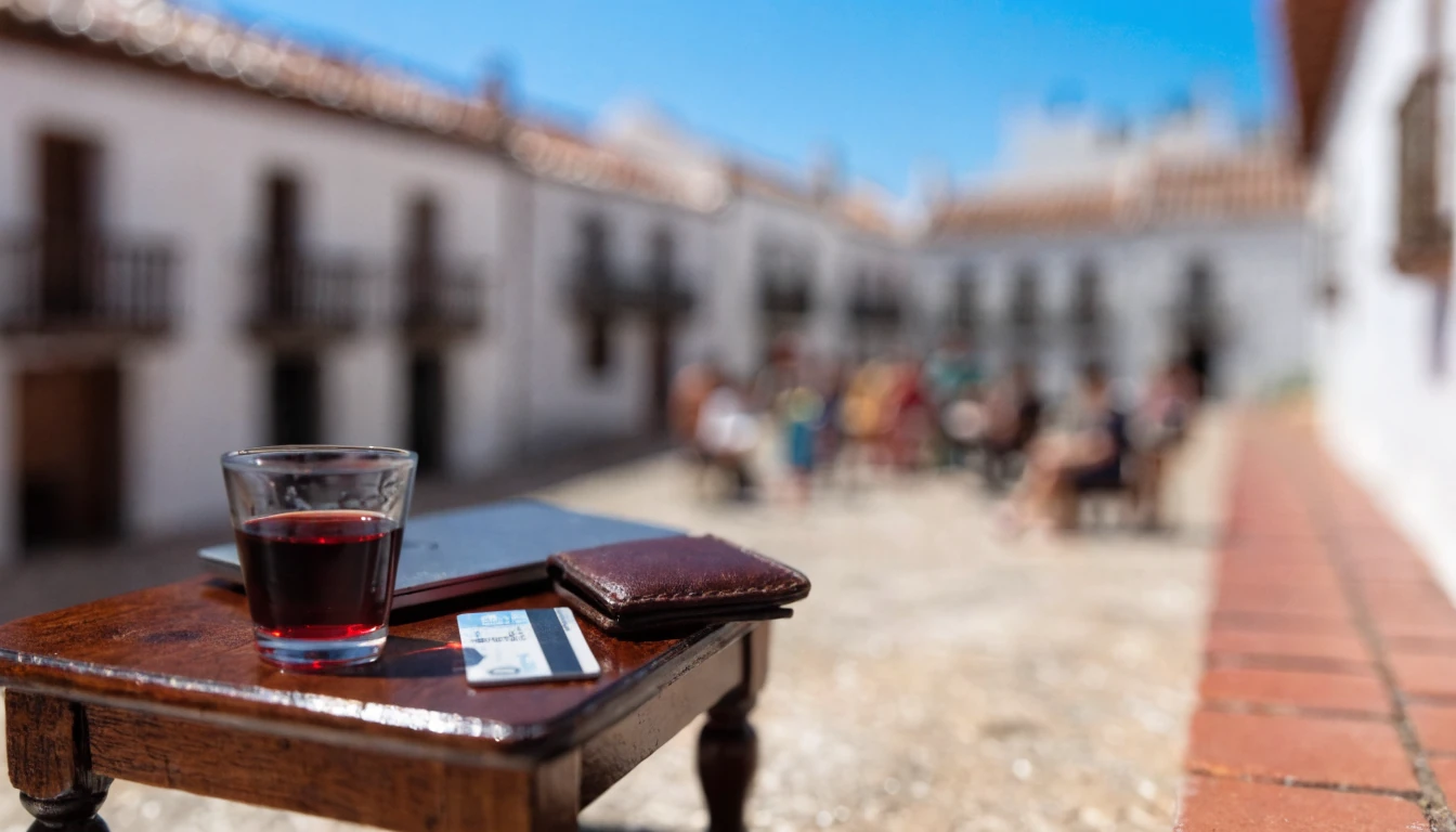 Tarjeta de crédito sobre mesa en terraza española con vistas a tejados andaluces