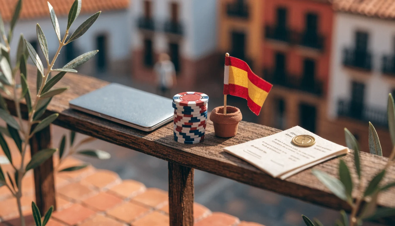 Balcón español con portátil, fichas de póker y documento oficial