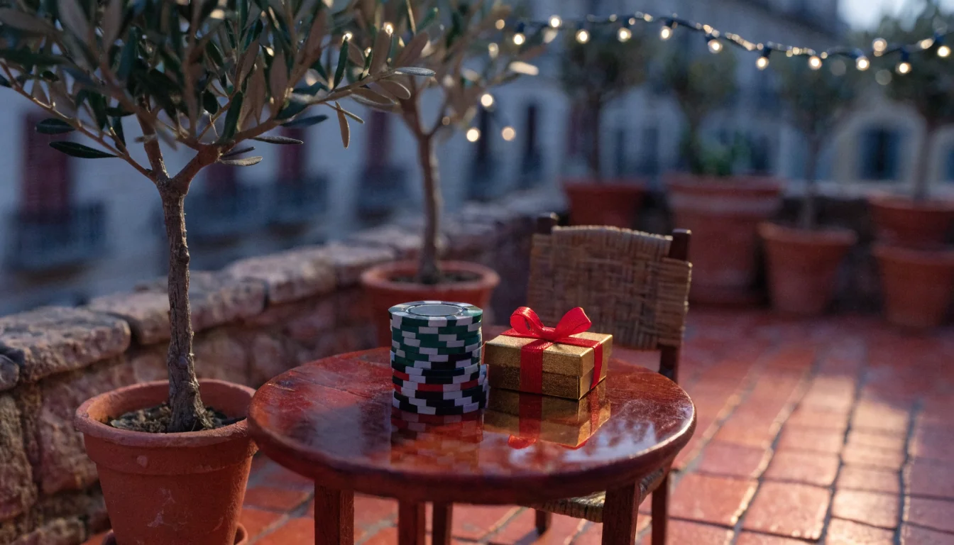 Mesa de terraza en Madrid al atardecer con fichas de casino y caja de regalo