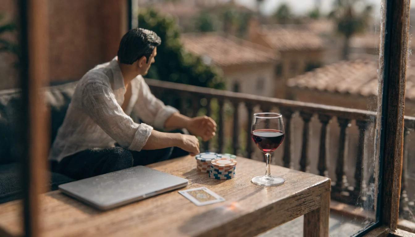 Hombre en su salón con fichas de casino junto a un portátil cerrado y vistas al atardecer mediterráneo.