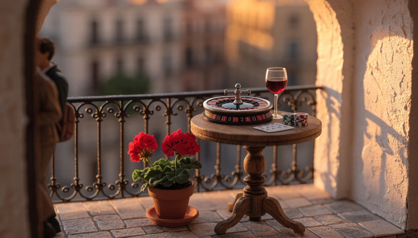 Mesa de terraza española al atardecer con fichas, ruleta y cartas