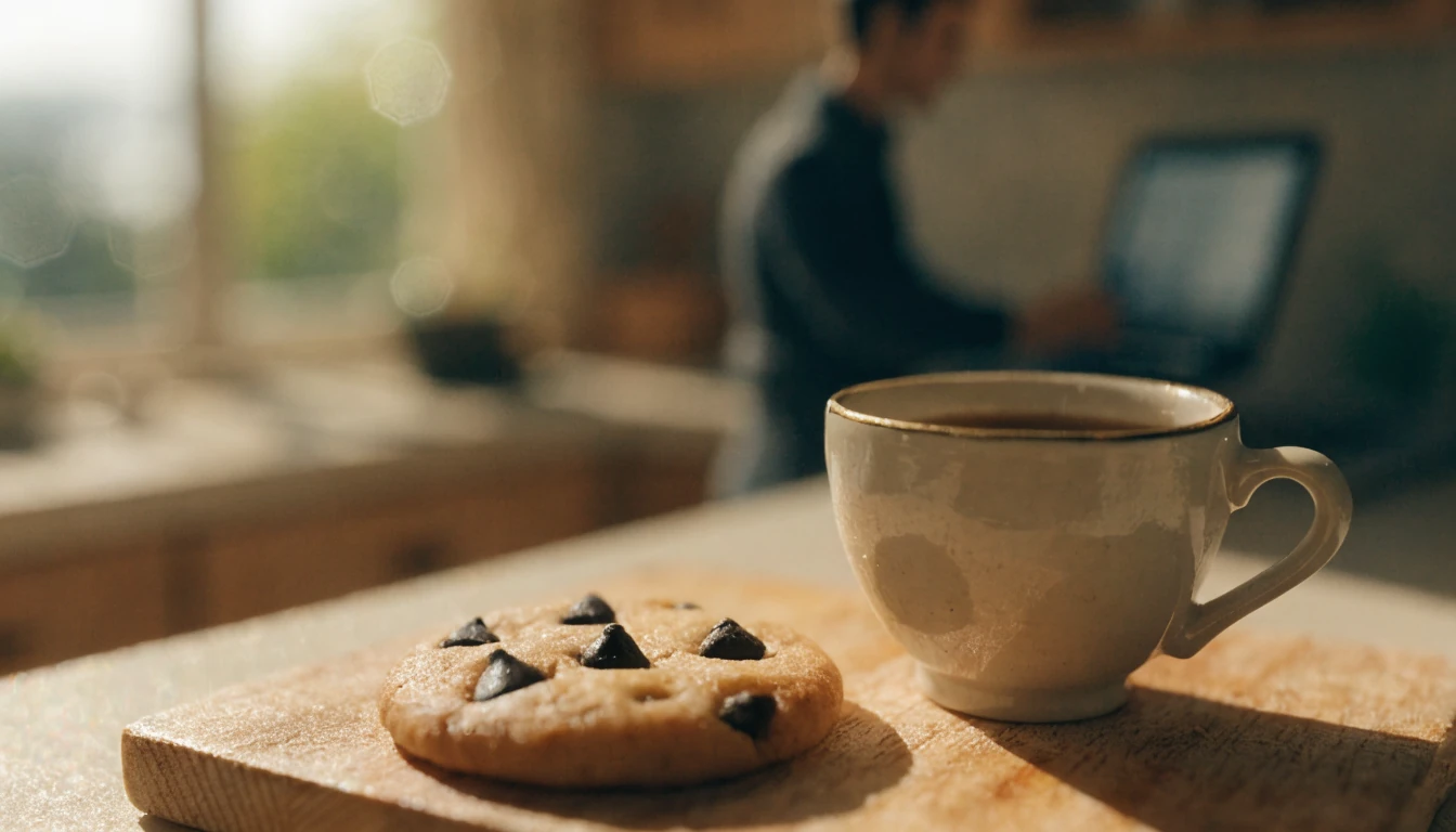 Galleta con chips de chocolate junto a una taza y un portátil en una cocina mediterránea.
