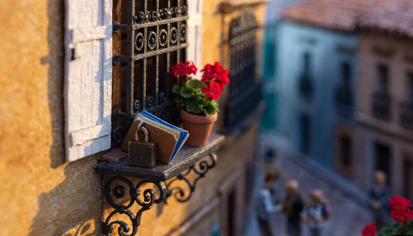 Ventana española cerrada con candado protegiendo documentos personales