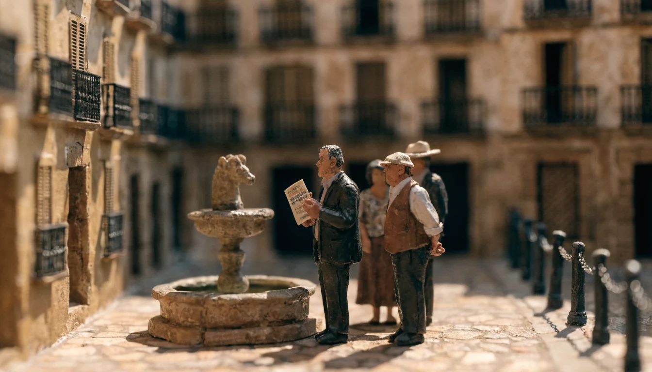 Plaza tradicional española con personas mayores junto a una fuente, un hombre sostiene una papeleta de lotería.