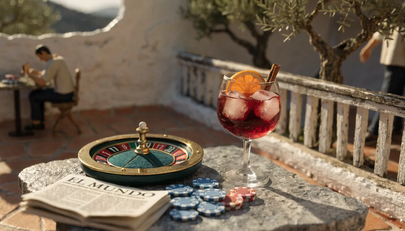 Ruleta y fichas de casino en terraza española soleada con sangría