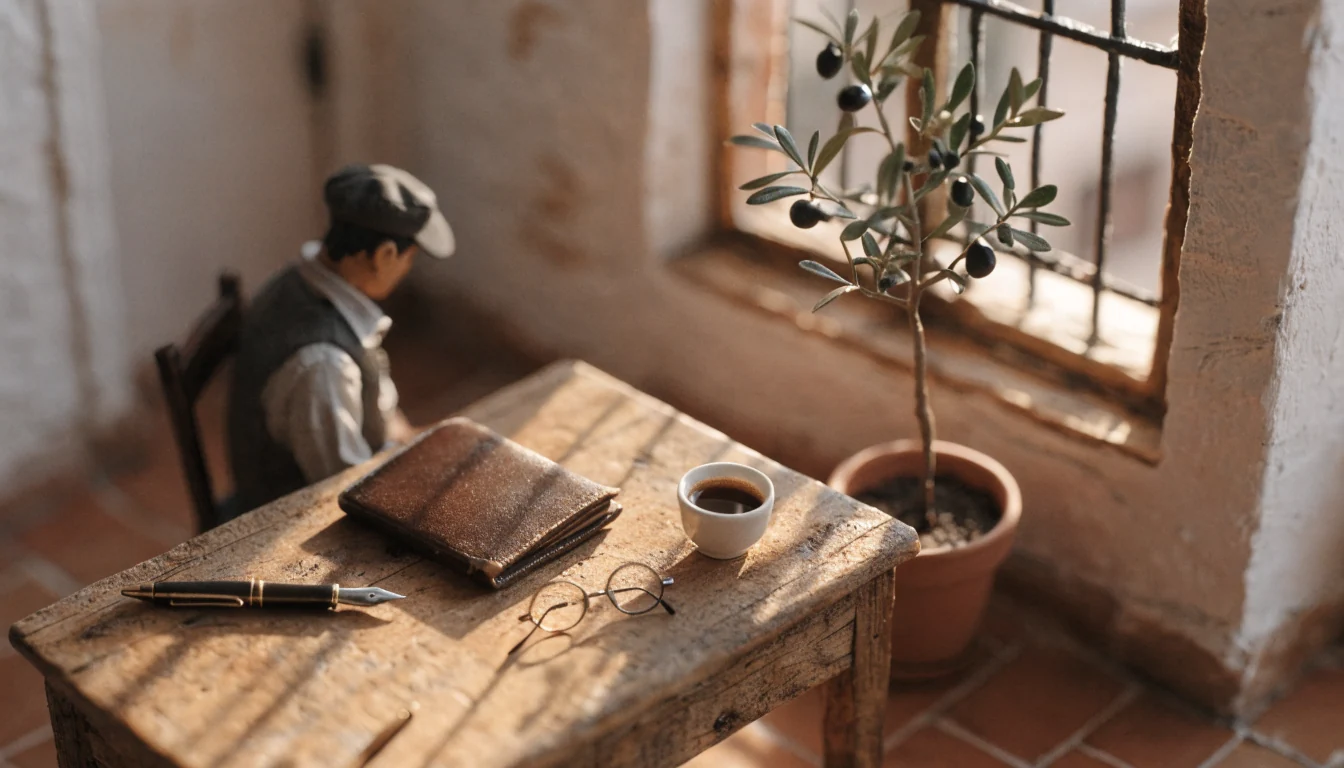 Escritorio de madera junto a una ventana soleada con documentos, pluma y café en un interior español