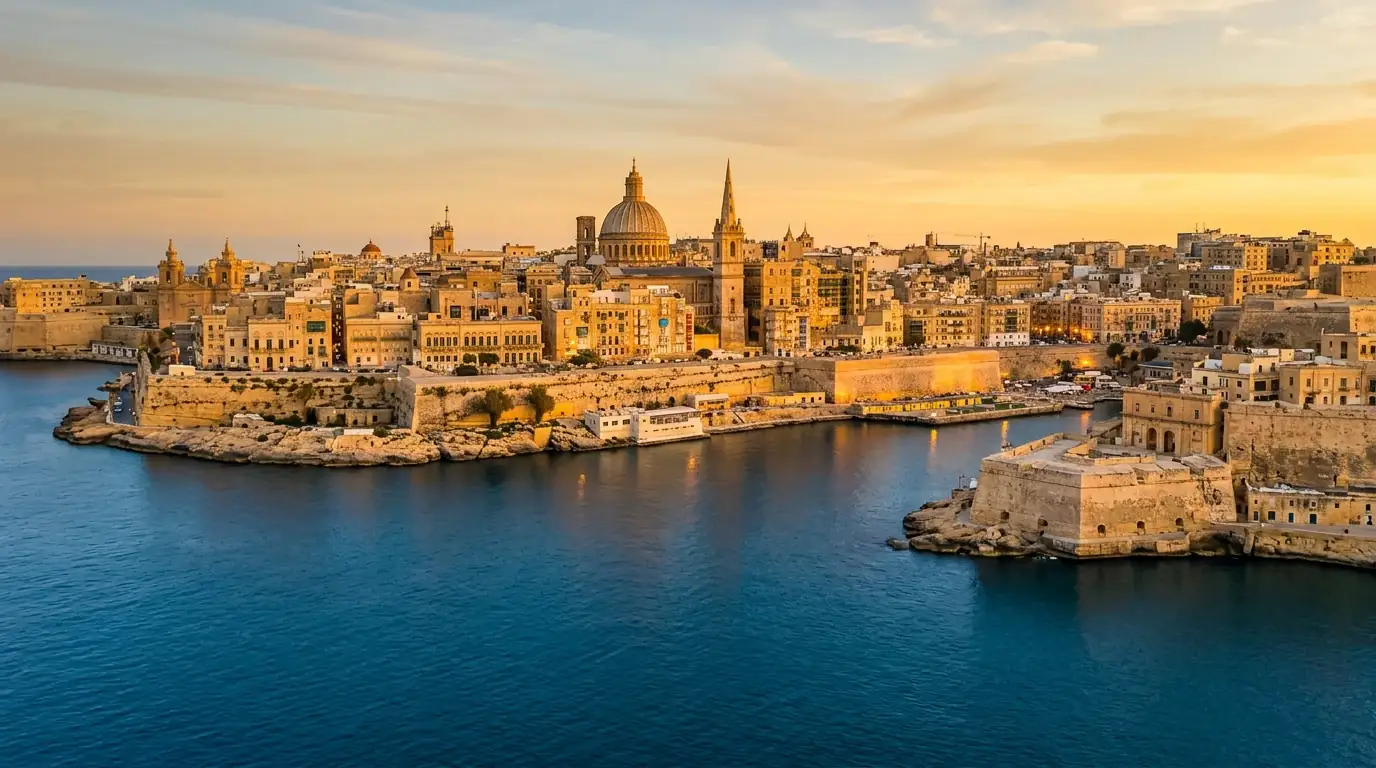 Vista panorámica de la costa de La Valeta con arquitectura mediterránea bajo luz dorada