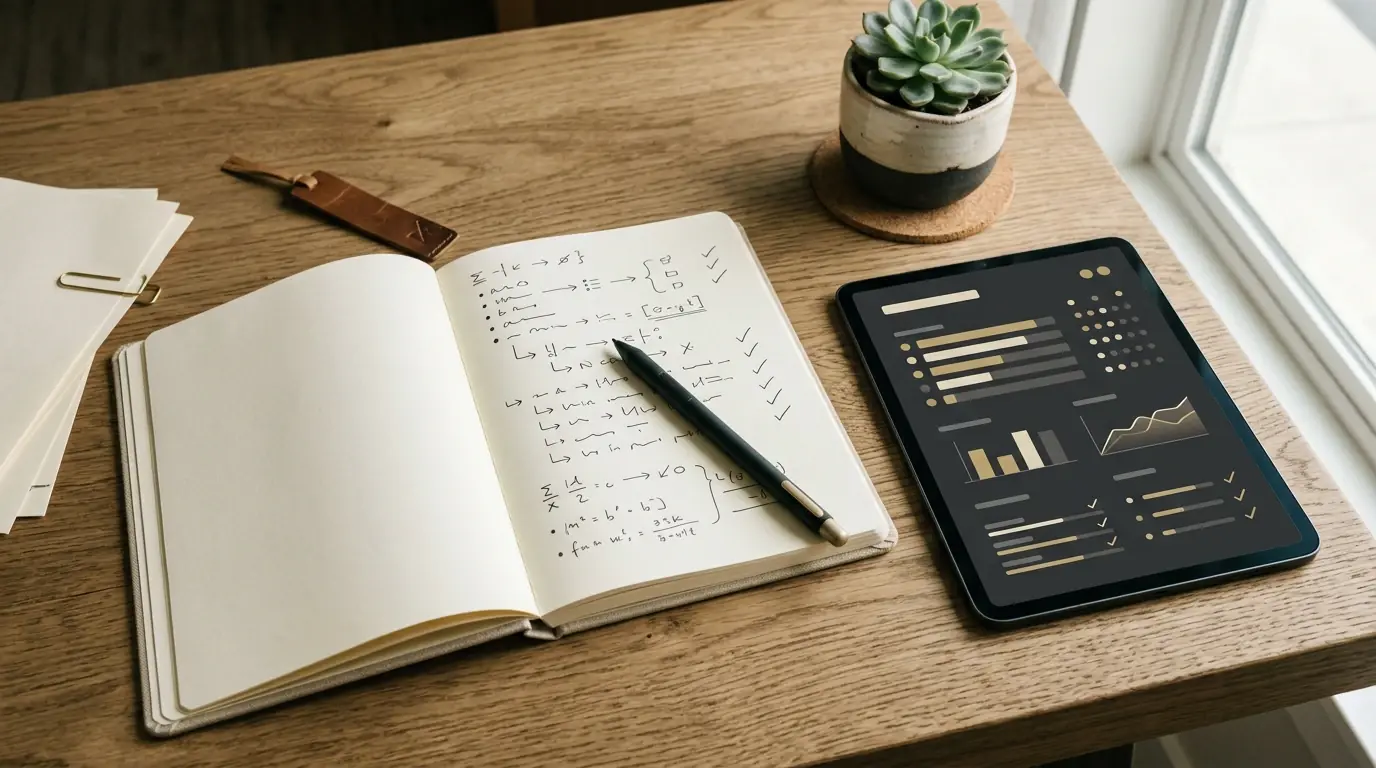 Cuaderno abierto con lista de criterios anotados junto a lápiz sobre escritorio claro