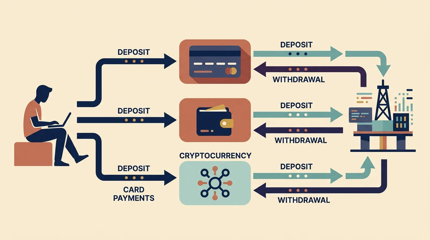 Diagrama de flujo del depósito y retiro en un casino sin licencia DGOJ desde España con tarjeta, monedero electrónico y criptomonedas