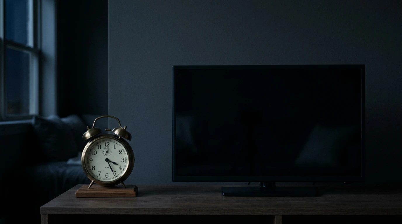 Reloj marcando la madrugada junto a televisión apagada simbolizando la franja publicitaria del juego