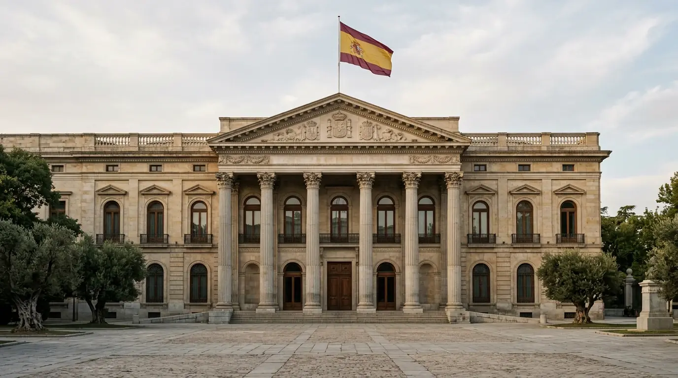 Edificio institucional español con bandera y referencias normativas del juego online