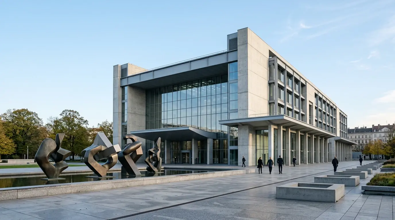 Edificio institucional europeo de líneas modernas con cielo despejado al fondo